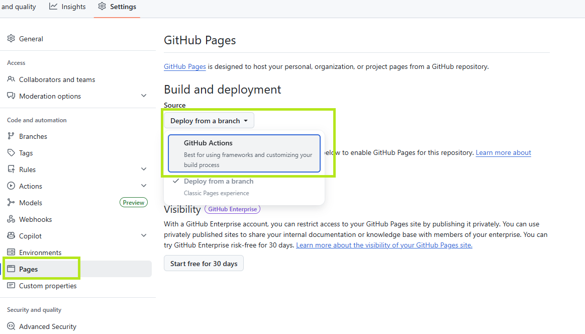 Vælg GitHub Actions under Build and deploy